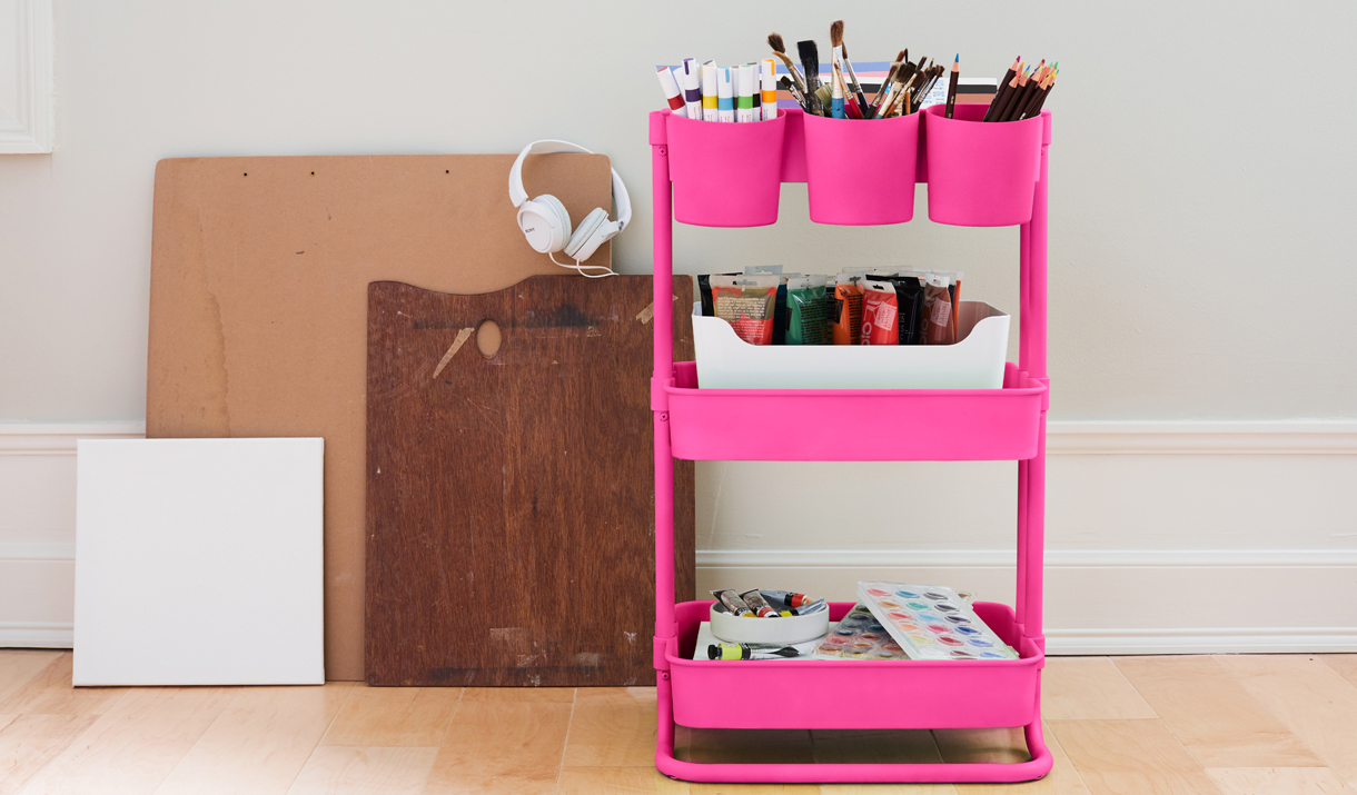 craft supply cart painted pink